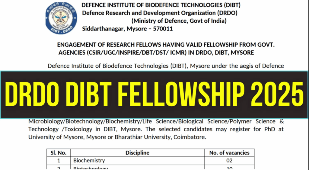 DRDO DIBT Fellowship Recruitment 2025